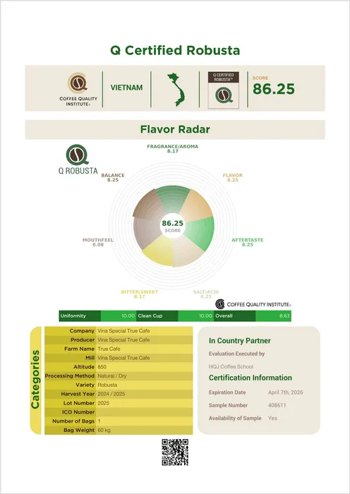 Phiếu chứng nhận Q Certified Robusta 86,25 điểm